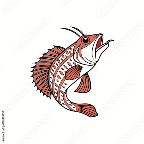 A vibrant red and white fish illustration with open mouth and fins