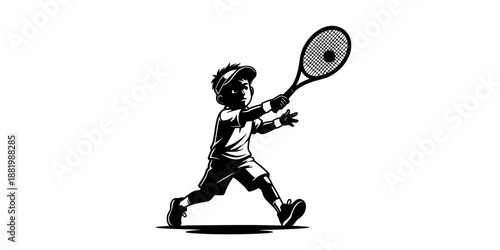 A junior tennis player (child) with an oversized racket, hitting a ball, family sport theme.