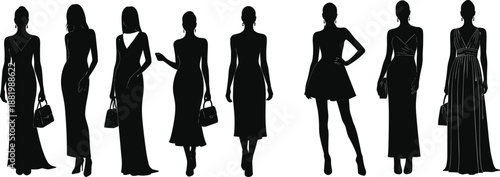 Elegant Female Fashion Silhouette Collection Featuring Stylish Women in Dresses for Runway Design, Modeling Concepts, Luxury Branding, and Creative Graphics