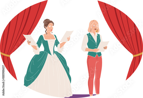 Theater Stage Actors Reading Script Illustration with Red Curtains Representing Drama Performance, Rehearsal, Acting Practice, and Cultural Entertainment Design