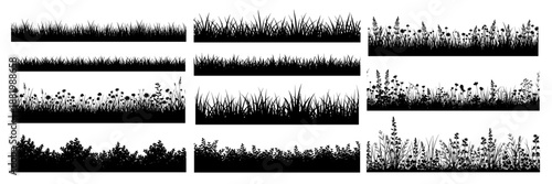 Grass, lawn, wild flowers, leaves black silhouette seamless dividers. Spring meadow, floral garden horizontal border landscape element vector set