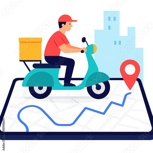 Wallpaper Mural Delivery man riding bicycle with parcel boxes on city map background with gps location pins for online shopping and shipping service concept. Torontodigital.ca