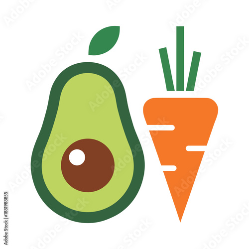Avocado and Carrot Healthy Food Flat Vector Icon for Organic Branding