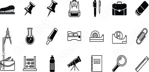 Black school and office supply icon set with stationery, backpack, science, and learning tools