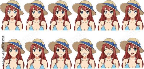 Anime redhead girl expressions, cartoon emotion set, cute character sprite sheet, straw hat icon, manga reaction bundle, animation design