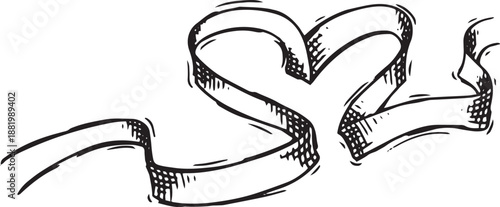 A line art illustration of a long, flowing ribbon that loops to form a heart silhouette in the center. Fine hatching textures provide a sense of dimension and fabric material.