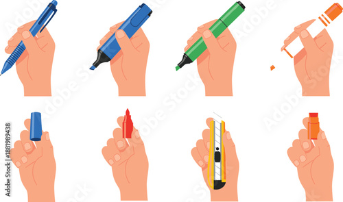 Hands holding markers and pen caps set showing writing tools and stationery actions