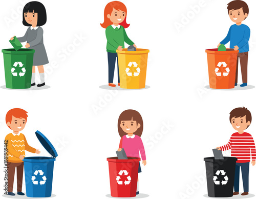 People Throwing Trash into Recycling Bins Cartoon Illustration Showing Waste Sorting, Environmental Protection, Sustainability, and Eco Friendly Lifestyle Concepts