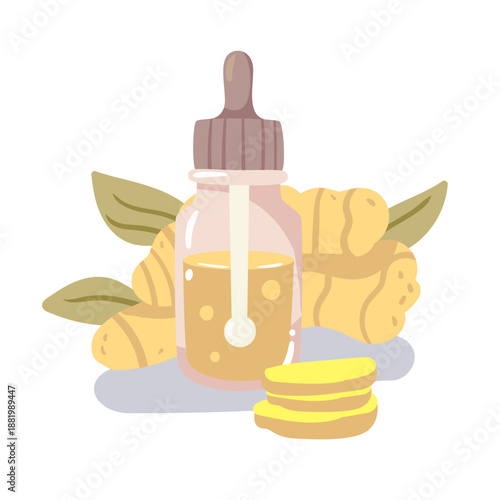 Golden ginger oil with fresh root slices. A powerful illustration for warming massage blends and natural immune support graphics.