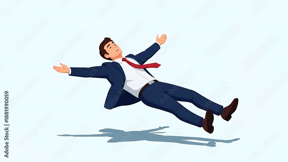 Fototapeta premium Achieving Freedom: Happy Businessman in Suit Floating Weightlessly, Arms Open, Celebrating Financial Success and Stress Relief; Modern Career Achievement Vector Art.