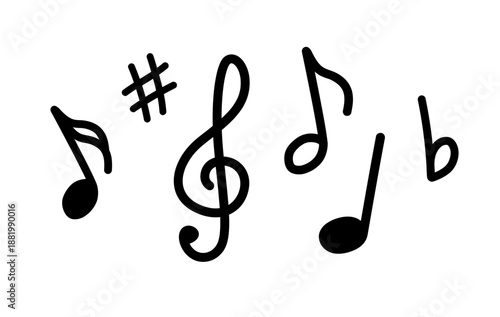 Group of hand written bold musical notes and symbols isolated on white background