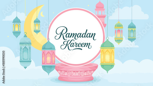 Ramadan kareem greeting with crescent moon and lanterns