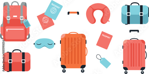 Travel luggage and accessories set with suitcases, backpack, passport, neck pillow, and eye mask