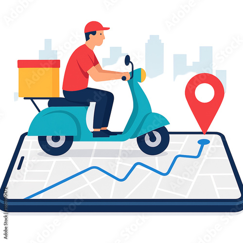 Wallpaper Mural Delivery man riding bicycle with parcel boxes on city map background with gps location pins for online shopping and shipping service concept. Torontodigital.ca