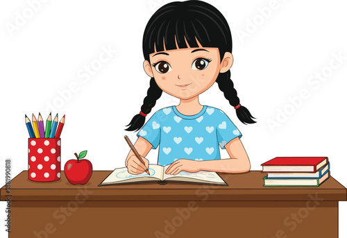 Cute School Girl Studying at Desk with Books and Writing Illustration for Education, Learning, Homework, Classroom Activities, and Childhood Concepts