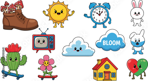 Cartoon object characters, cute vector set, expressive faces, creative mascot bundle, kids illustration, playful design elements, emotional icons, fun collection