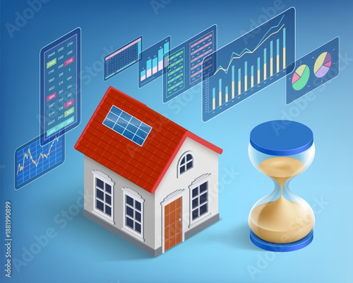 House model and hourglass against the background of financial charts with data. Isometric projection. Vector illustration.
