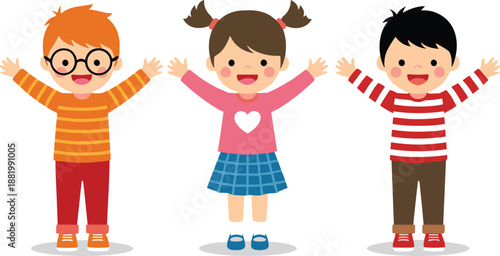 Happy Children Standing Together with Raised Hands Cartoon Illustration for Kids Education, Friendship, Teamwork, Diversity, and Childhood Activities