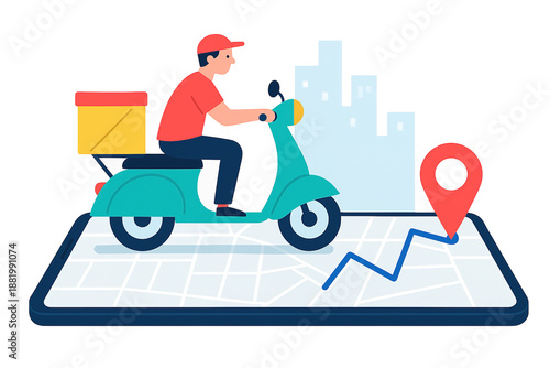 Wallpaper Mural Delivery man riding bicycle with parcel boxes on city map background with gps location pins for online shopping and shipping service concept. Torontodigital.ca