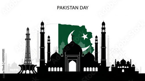 Pakistan day celebration with mosque and flag silhouette
