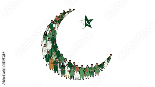 Diverse group of people forming a crescent moon and star symbol on white background