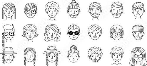 Cartoon face icons, diverse character set, black and white avatar design, expressive emotion heads, hairstyle variation, minimal line illustration
