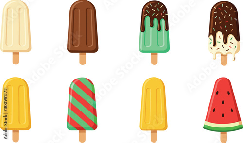 Colorful Ice Cream Popsicle and Frozen Dessert Icon Set with Chocolate Coating, Sprinkles, Fruit Flavors, and Summer Treat Illustrations