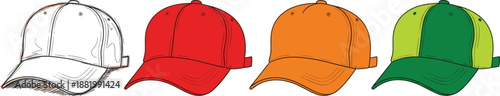 Baseball Cap Illustration Set with Colorful Blank Snapback Hats for Sportswear, Fashion Accessories, Branding Mockups, and Casual Apparel Design