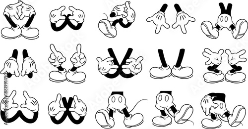 Cartoon glove and shoe W icons, stylized character gesture grid, playful typography sprite sheet, Mickey-style hand pose bundle