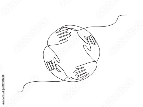 A circular arrangement of diverse hands in detailed line art style, United hands continuous line art symbolizing teamwork Doodle vector illustration.