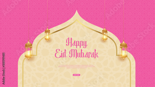 This bright, modern illustration features a Happy Eid Mubarak greeting set against a vibrant pink Islamic geometric pattern background, framed by traditional golden Arabic lanterns in an arch design, 