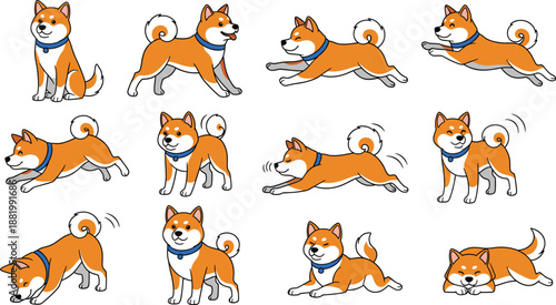 Cute Shiba Inu Dog Action Pose Illustration Set with Playing, Running, Jumping, and Resting Cartoon Puppy Movements for Pets, Stickers, and Character Design