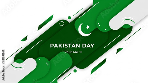 Pakistan day graphic design with green abstract shapes and flag symbol