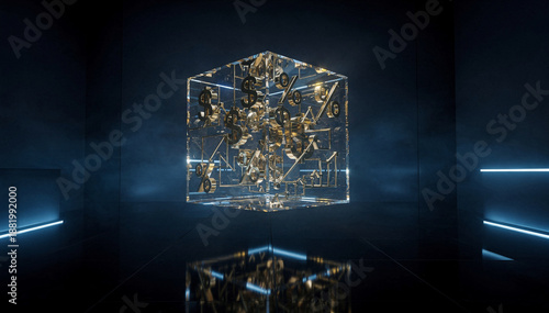 Transparent geometric cube with embedded gold financial symbols floating above a dark reflective obsidian surface, lit by cool ethereal blue accents in a minimalist futuristic night studio.