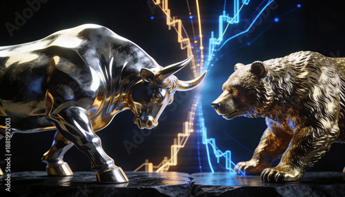 Abstract metallic bull and bear sculptures in a tense standoff on a matte black platform, with gold and silver reflections and dynamic light trails symbolizing opposing market forces.