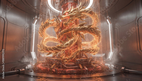 Realistic sci‑fi energy reactor with abstract dragon‑inspired curves, glowing red and gold coils, polished metal chamber, and soft atmospheric haze.