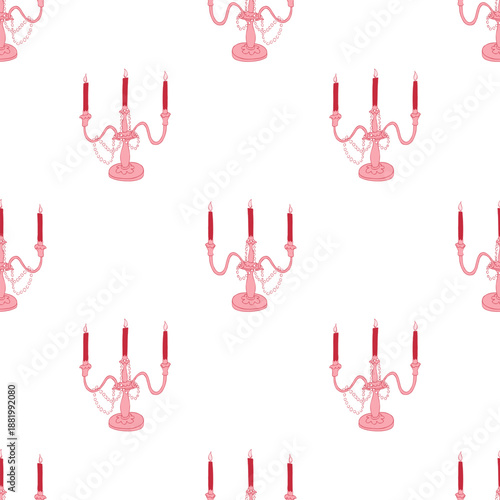 Vintage candelabra seamless pattern. Whimsical festive background in pink tones for Valentine's Day. Vector hand drawn candleholder illustration for fabric, packaging, wrapping paper, wallpaper