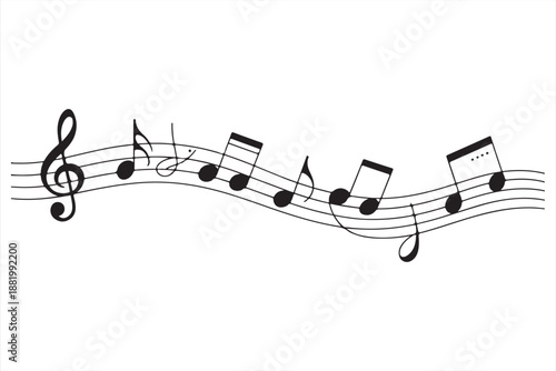 Music notes wave. Flowing musical staff lines with notes,   Musical Notes Staff Line Art.