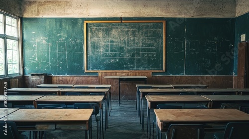A dark classroom with empty desks and a chalkboard full of erased lessons conveying neglect and ignorance