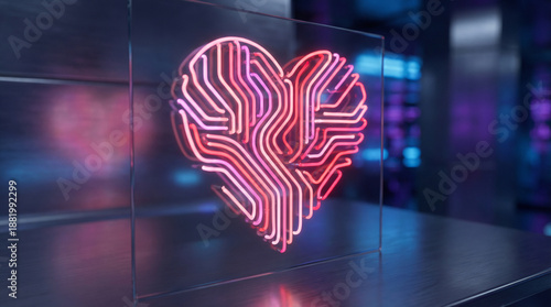 Futuristic glowing heart‑shaped energy circuit made of soft neon lines in warm pink and red tones, with subtle reflections creating a romantic sci‑fi atmosphere, no text.