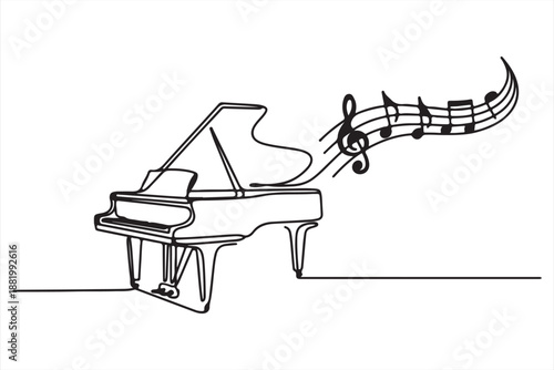 Abstract piano keyboard with flowing musical notes line art vector illustration