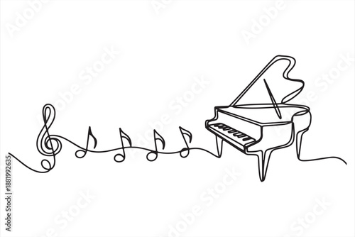 Abstract piano keyboard with flowing musical notes line art vector illustration