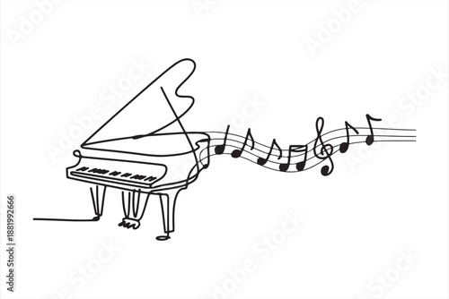 Abstract piano keyboard with flowing musical notes line art vector illustration