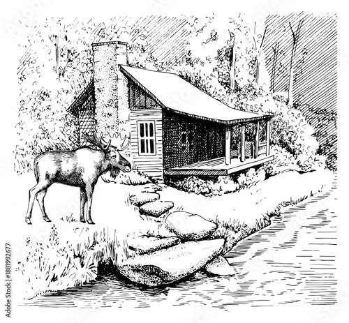 Rural landscape and stream. Hand sketch converted to vector.