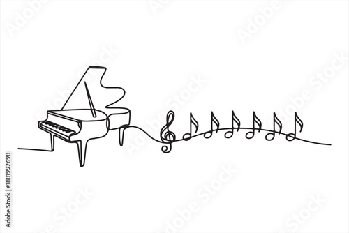 Abstract piano keyboard with flowing musical notes line art vector illustration