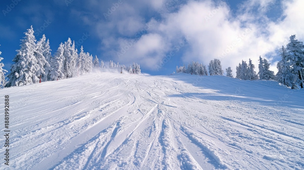 Fototapeta premium A ski slope with fresh powder snow and a clear incline ready for thrilling downhill runs on a crisp winter day