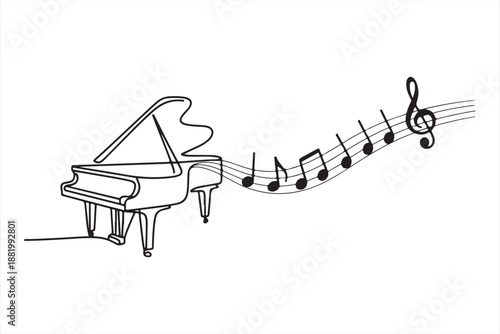 Piano with Flowing Musical Notes Line Art, Elegant grand piano drawing with flowing musical notes a continuous line art
