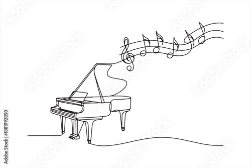 Piano with Flowing Musical Notes Line Art, Elegant grand piano drawing with flowing musical notes a continuous line art