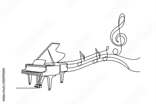 Piano with Flowing Musical Notes Line Art, Elegant grand piano drawing with flowing musical notes a continuous line art