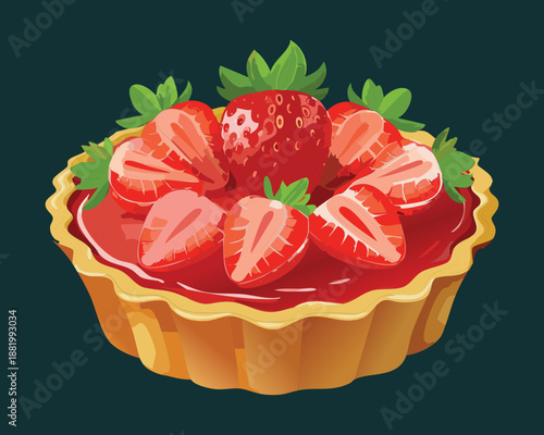 Fresh strawberry tart with cream and golden crust for gourmet bakery shop and dessert menu - Vector Illustration